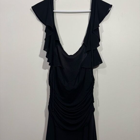 NWOT BCBGMAXAZRIA Black Layered Midi Length Cap Sleeve Ruffle Dress - Picture 3 of 5